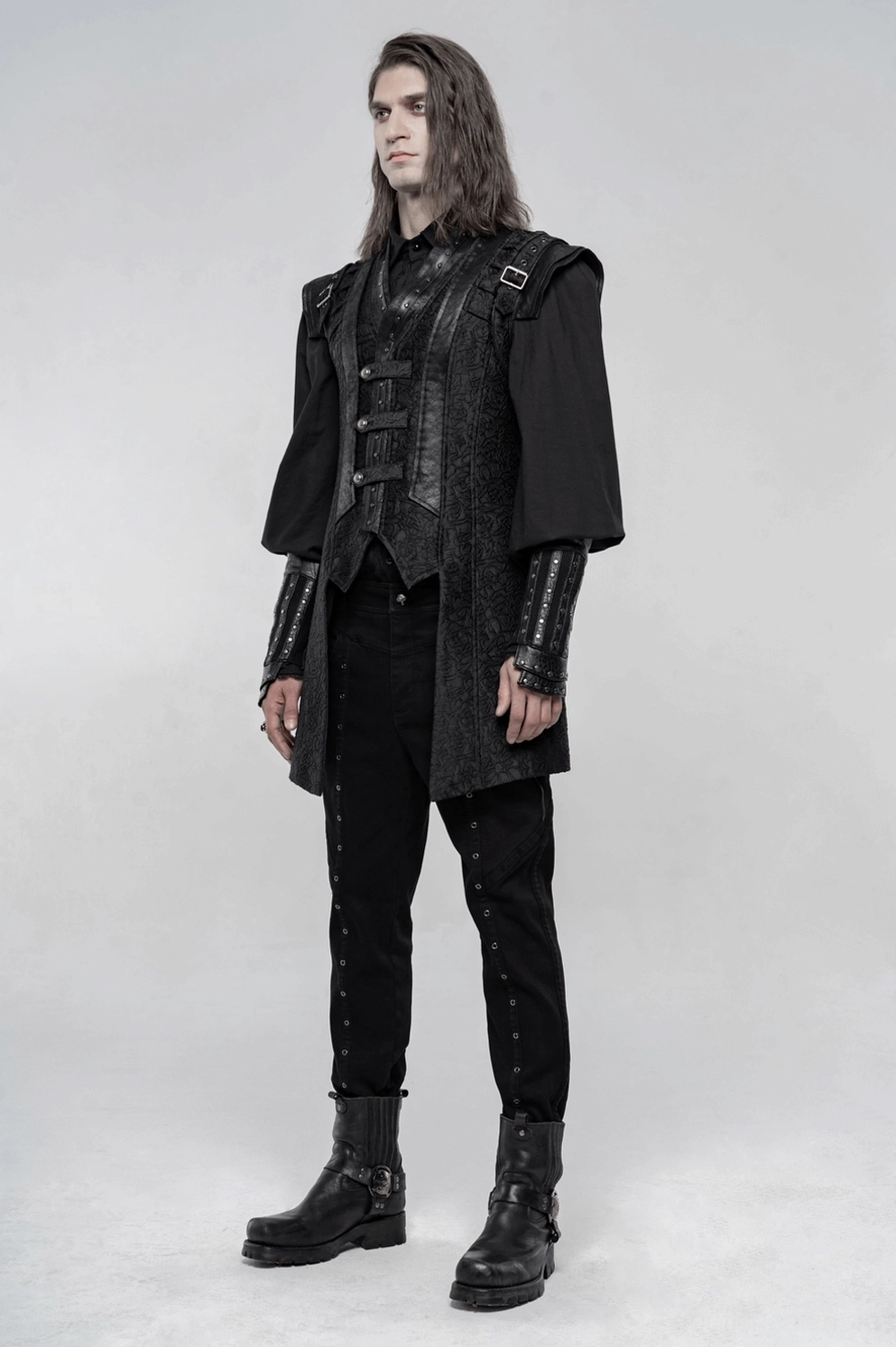 Schwarze Jacquard-Weste in mehrschichtiger Styling-Anleitung für Dark-Fashion und Goth-Subkultur-Anlässe, Herren Gothic-Mode