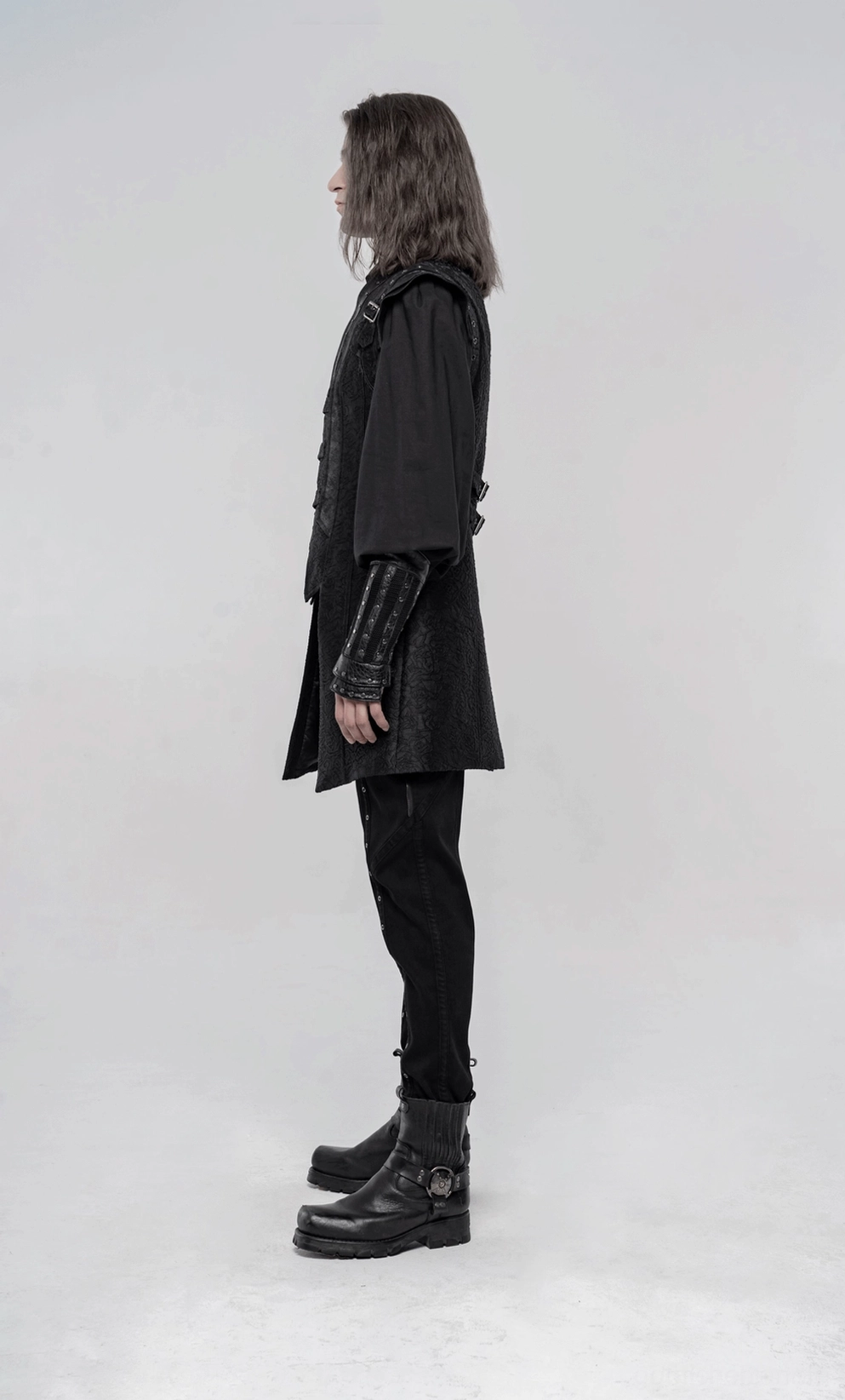 Schwarze Jacquard-Weste Produkt-Vitrine zeigt taillierte Passform und verstellbare hintere Schnallen, Gothic Herren Anzugweste