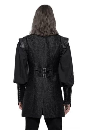 Schwarze Jacquard-Weste Rückansicht mit einstellbaren Taillen-Schnallen und dreidimensionaler Webtextur, Gothic Herren Anzugweste