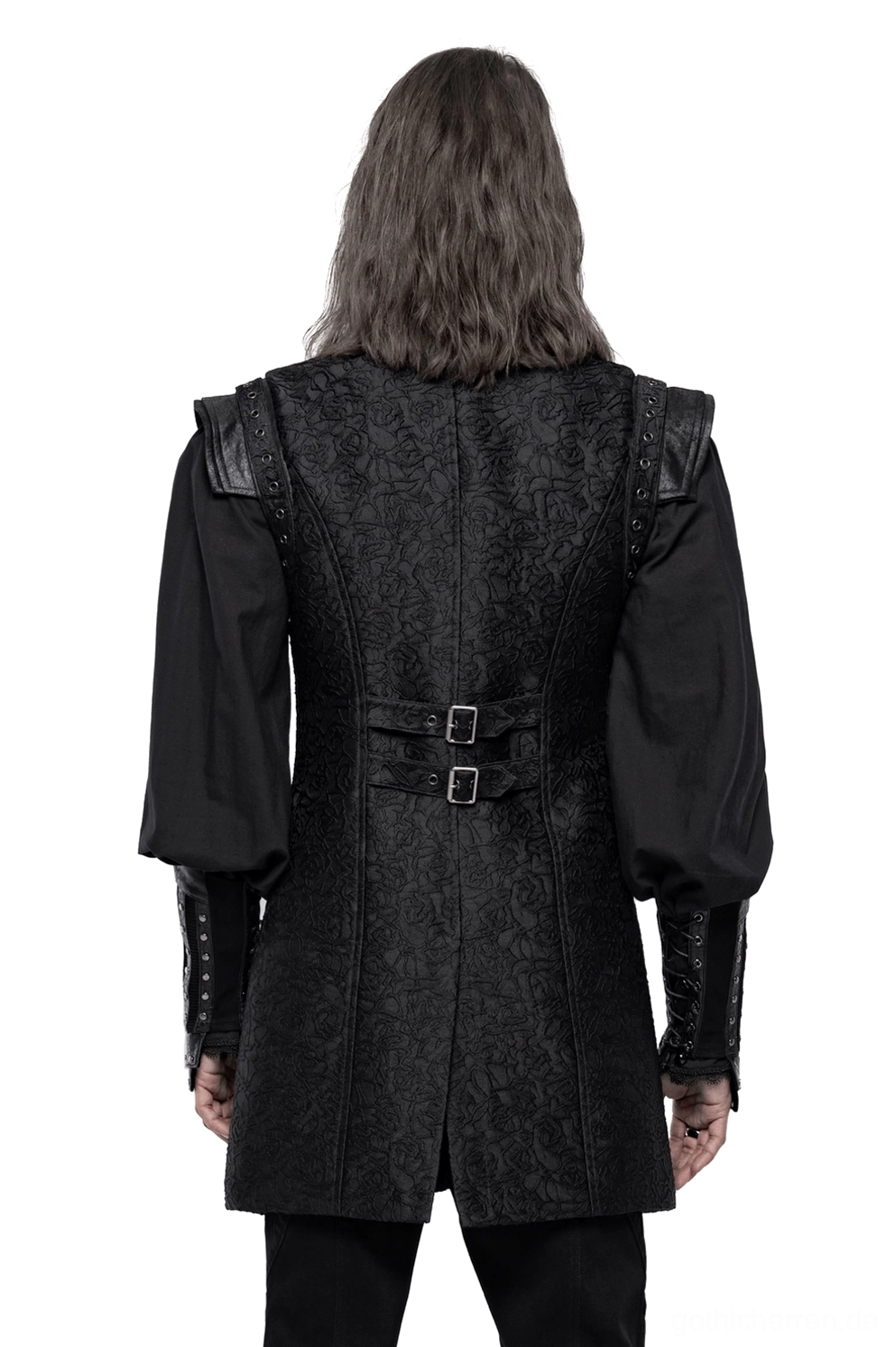 Schwarze Jacquard-Weste Rückansicht mit einstellbaren Taillen-Schnallen und dreidimensionaler Webtextur, Gothic Herren Anzugweste