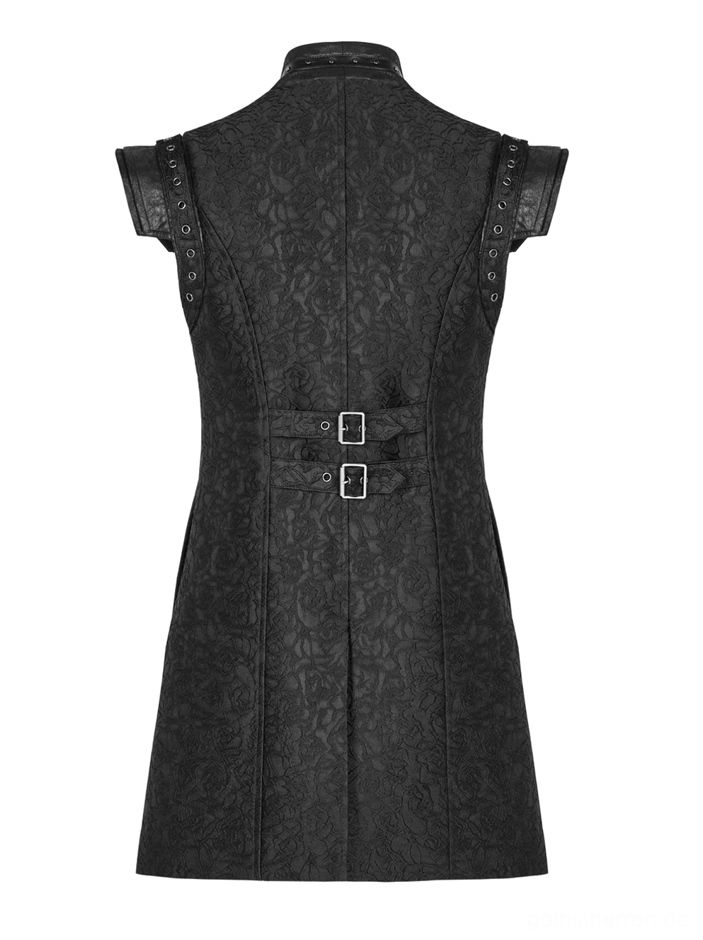 Schwarze Jacquard-Weste Rückenpanel Flachlage mit doppelten hinteren Taillenriemen und durchgehendem Jacquard-Rückenpanel