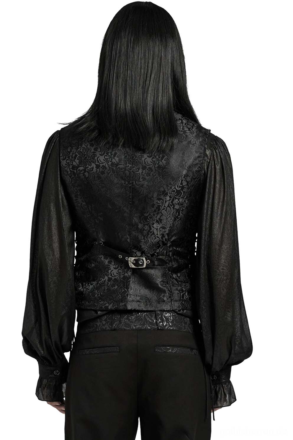 Schwarze Jacquard Gothic Weste Rückansicht auf Model, zeigt verstellbaren Rückgurt mit Schnalle und Seitenschnürung Details