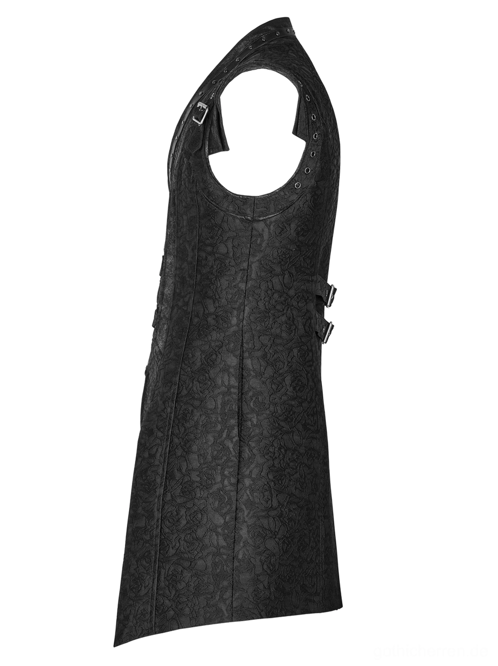 Schwarze Jacquard-Weste Seitenansicht Flachlage mit Armlochabschnitten und seitlichen Verstellungsschnallen für individualisierte Passform