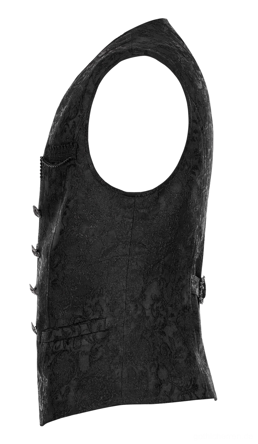 Schwarze Gothic Jacquard Weste Seitenprofil Flat Lay, zeigt tailierte Passform, konstruierte Armausschnitte und saubere Seitennähte Design