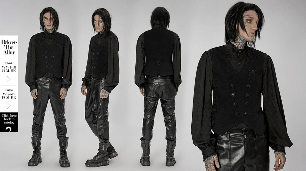 Schwarze Gothic Jacquard Weste strukturierte Passform und tailierte Silhouette aus mehreren Winkeln, zeigt Handwerkskunst und Konstruktionspräzision