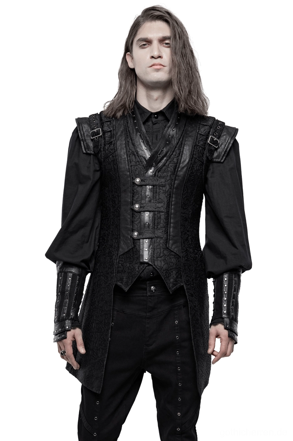 Schwarze Jacquard-Weste mit verstellbaren Schnallen für Herren, Vorderansicht mit taillierter Silhouette und Metallknopf-Akzenten, getragen von männlichem Modell