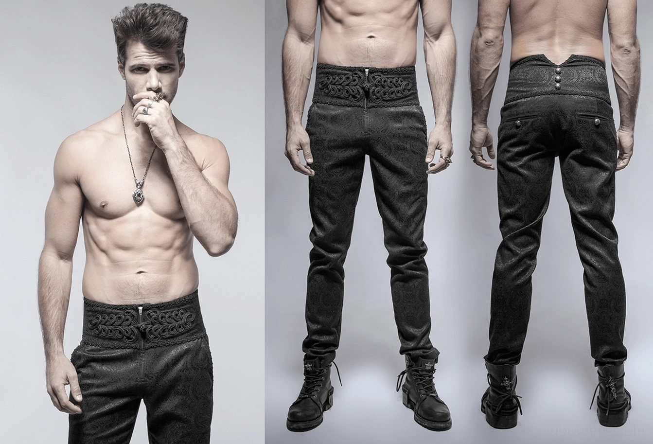Verjüngtes Bein-Detail Saum-Konstruktion schwarze Pfau-Jacquard Slim-Fit Hose Knöchelbereich Tapered-Schnitt Nahaufnahme