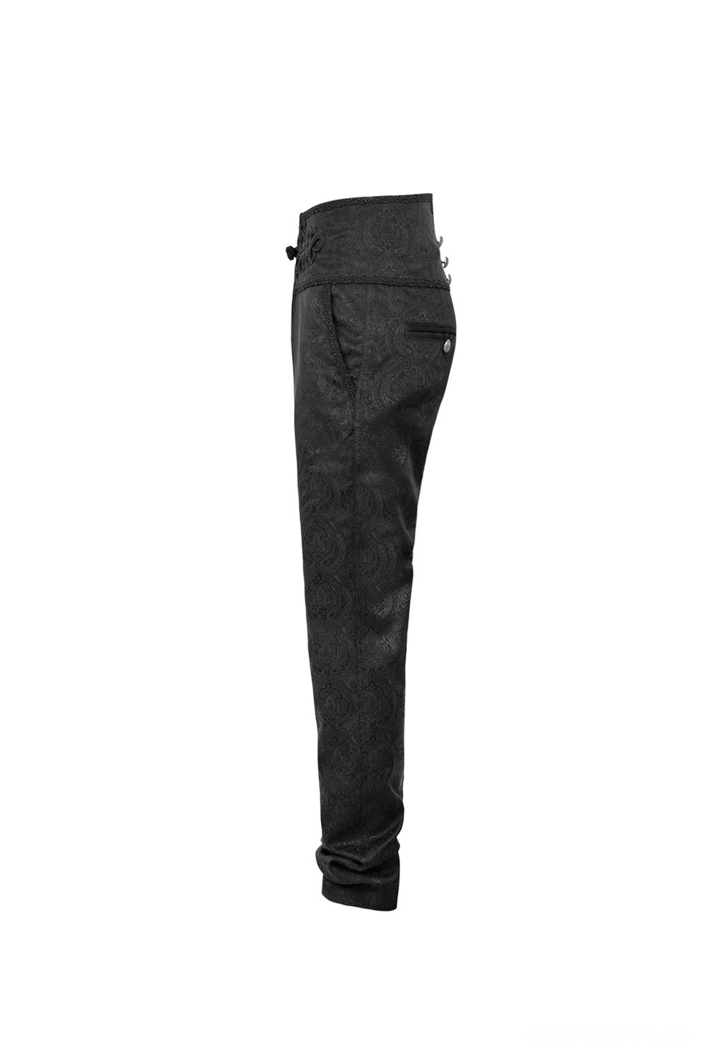 Seitenansicht Flat-Lay schwarze Slim-Fit Jacquard Hose zeigt strukturierter Bund Seitennaht Schnürung tapered Bein-Konstruktion