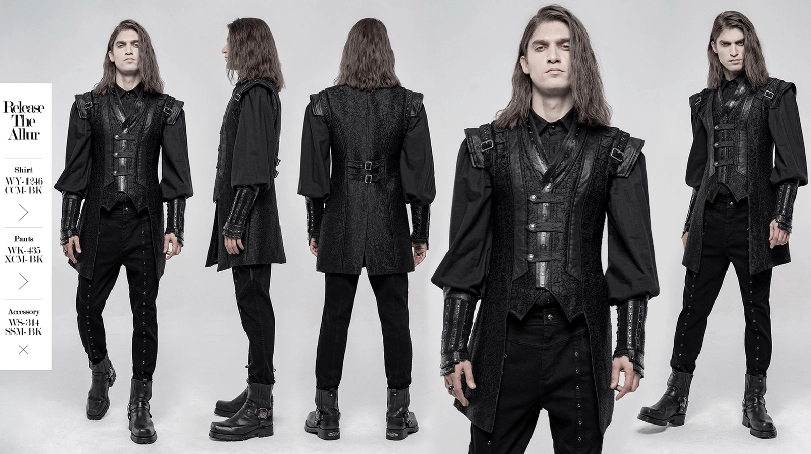 Schwarze Jacquard-Weste Hauptprodukt-Ansicht zeigt komplette Kleidungskonstruktion, Designelemente und Gothic Herren Anzugweste Details