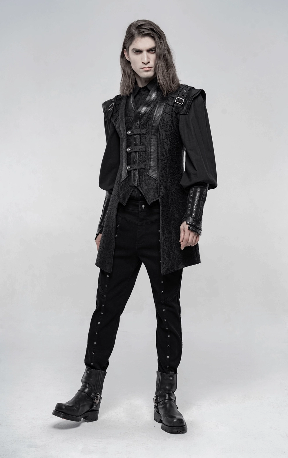 Schwarze Jacquard-Weste mit Metallakzenten und Schnallen-Details, Herren Alternative-Fashion-Anzugweste im Gothic-Stil
