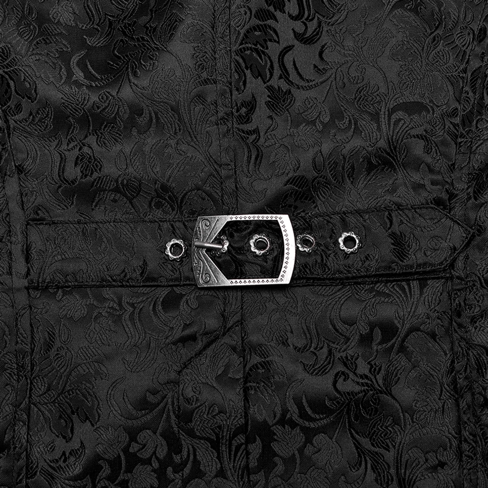 Nahaufnahme Detail schwarze Jacquard Gothic Weste Rückseite vintage Metallschnalle mit gotischer Ästhetik und feines Webstoff