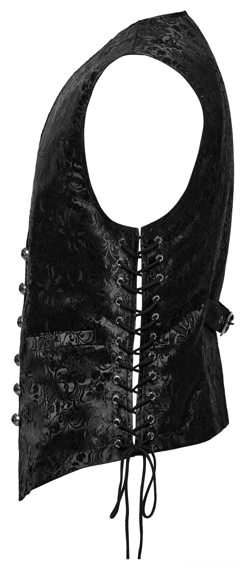 Schwarze Jacquard Weste Seitenansicht Flatlage mit verstellbarer Ösen-Schnürung, zeigt Seitenverschluss und Schnürdetail