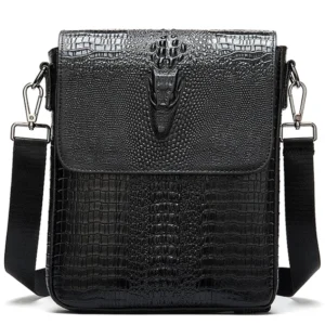 Schwarze Krokodil-Leder-Gothic-Messenger-Tasche für Herren – Vorderansicht mit Metallkrokodil-Kopf-Emblem und vintage Metallbeschlägen