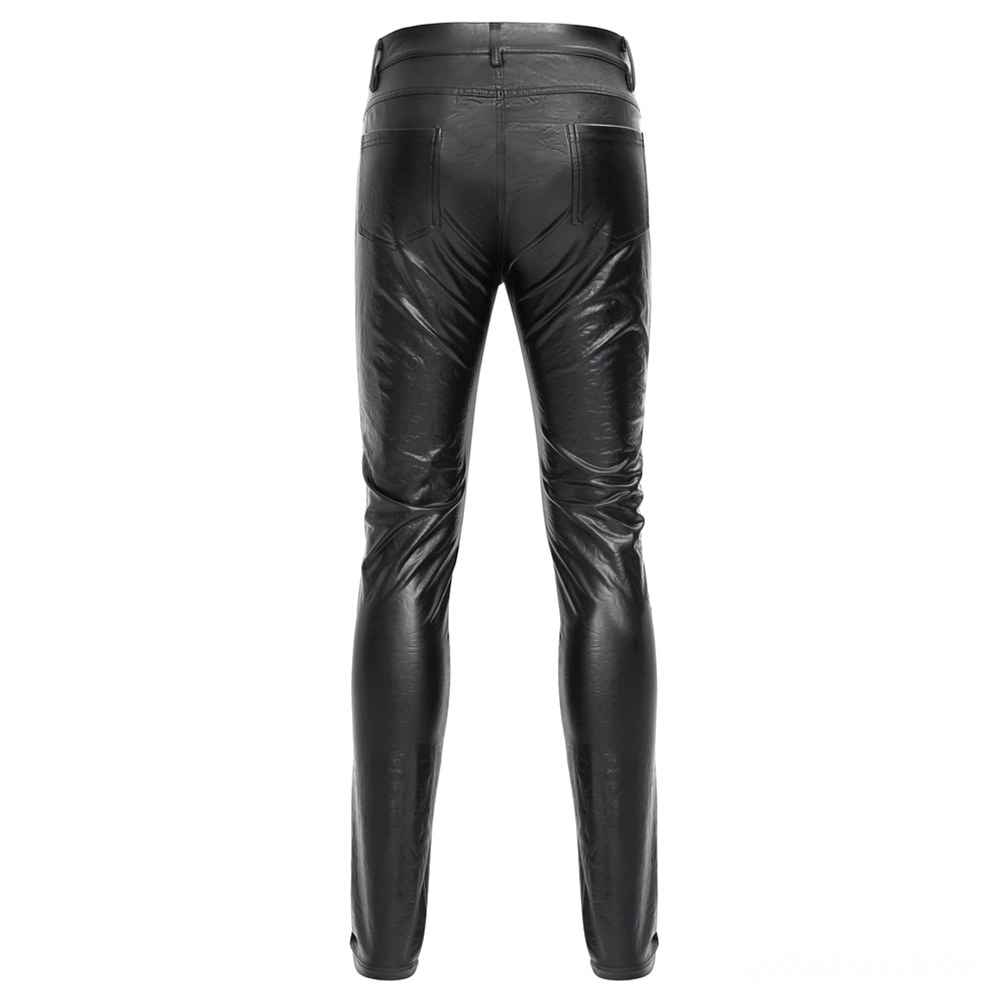 Vollständige Rückansicht schwarzer Kunstleder Gothic-Hose mit hohem Taillenbund und eng anliegender Silhouette