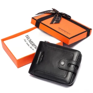 Schwarze Echtleder Geldbörse mit eleganter Geschenkverpackung in Premium-Geschenkbox, schwarze kompakte Portemonnaie für Herren im Gothic-Stil mit Geschenkbox