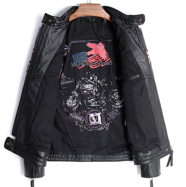 Offene schwarze echte Lederjacke Gothic-Bikerjacke Flachaufnahme mit Baumwollfutter und verstellbaren Druckknopfmanschetten