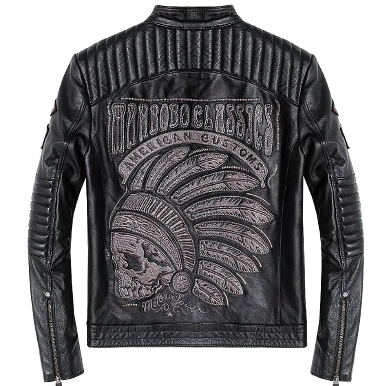 Schwarze echte Lederjacke mit Totenschädel-Stickerei Rückansicht Detail Overhead gotische Motorradjacke