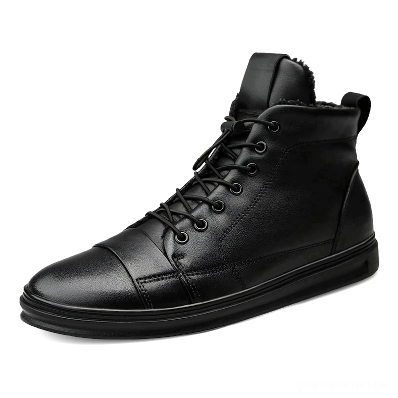 Schwarze echte Leder Gothic Combat Stiefel Herren Vorderansicht Schnürverschluss Plüsch Innenkragen