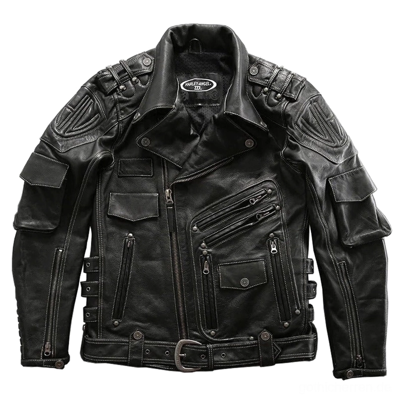 Schwarze echte Leder Gothic Motorradjacke Vorderansicht, asymmetrischer Reißverschluss, mehrfache taktische Taschen, Umlegekragen, verstellbarer Lederriemen, gepolsterte Schultern, Flachaufnahme
