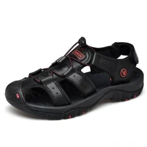 Schwarze echte Rindsleder Gothic Sandalen für Herren mit industriellem Toggle-Verschluss und verstärkter Nahtenkonstruktion – Studio-Aufnahme