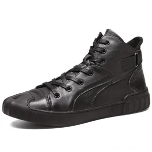 Schwarze echte Ledersneaker für Herren High-Top Seitenansicht mit Schnürung und verstärkter Fersenkappe Gothic Turnschuhe