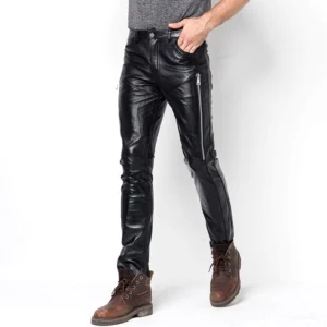 Schwarze echte Lederhose Skinny-Passform mit Seitenverschluss Vorderansicht gotischer Motorradhosen-Stil