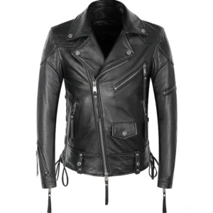 Schwarze Lederjacke Gothic Biker Herren - Frontansicht mit asymmetrischem Reißverschluss und diamantgesteppten Details, authentisches Rindleder
