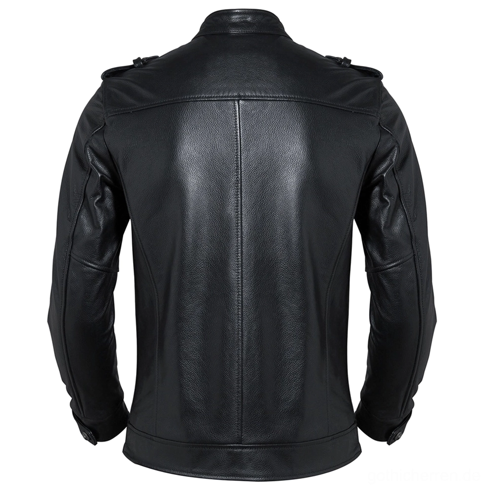 Schwarze Motorrad-Lederjacke Herren Gothic Biker mit Epauletten und taillierter Silhouette Rückenansicht