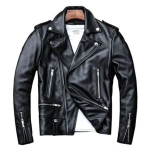 Schwarze echte Lederjacke offene Ansicht mit gekerbtem Revers, Druckknöpfen und innerer Polyester-Fütterung – Detail der Gothic Motorradjacke Konstruktion