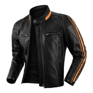 Geöffnete schwarze Lederjacke mit Mesh-Innenfütterung und orange Manschettendetails – Innenseite zeigt atmungsaktive Struktur und hochwertige Verarbeitung