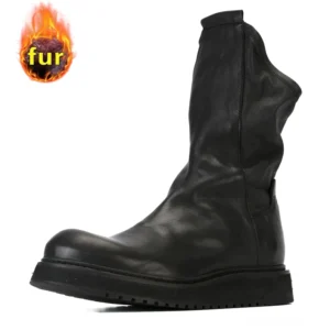 Schwarze Lederstiefel mit Pelzfutter Rechtsansicht – Gothic Mid-Calf mit integriertem warmem Schweinefell-Innenfutter und Umschlagkante