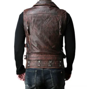 Rückansicht schwarze Lederweste Gothic Biker zeigt verstellbare Taille Hardware Buckles und Rücken Reißverschlusstaschen authentische Motorrad Moto Stil