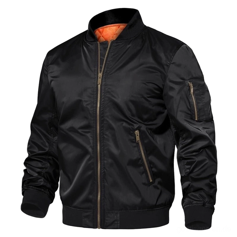 Schwarze MA-1 Bomberjacke Goth mit Vorderview vollständig geschlossen und Bronzereißverschluss – Dark Aesthetic Military Fliegerjacke mit gerippten Besätzen