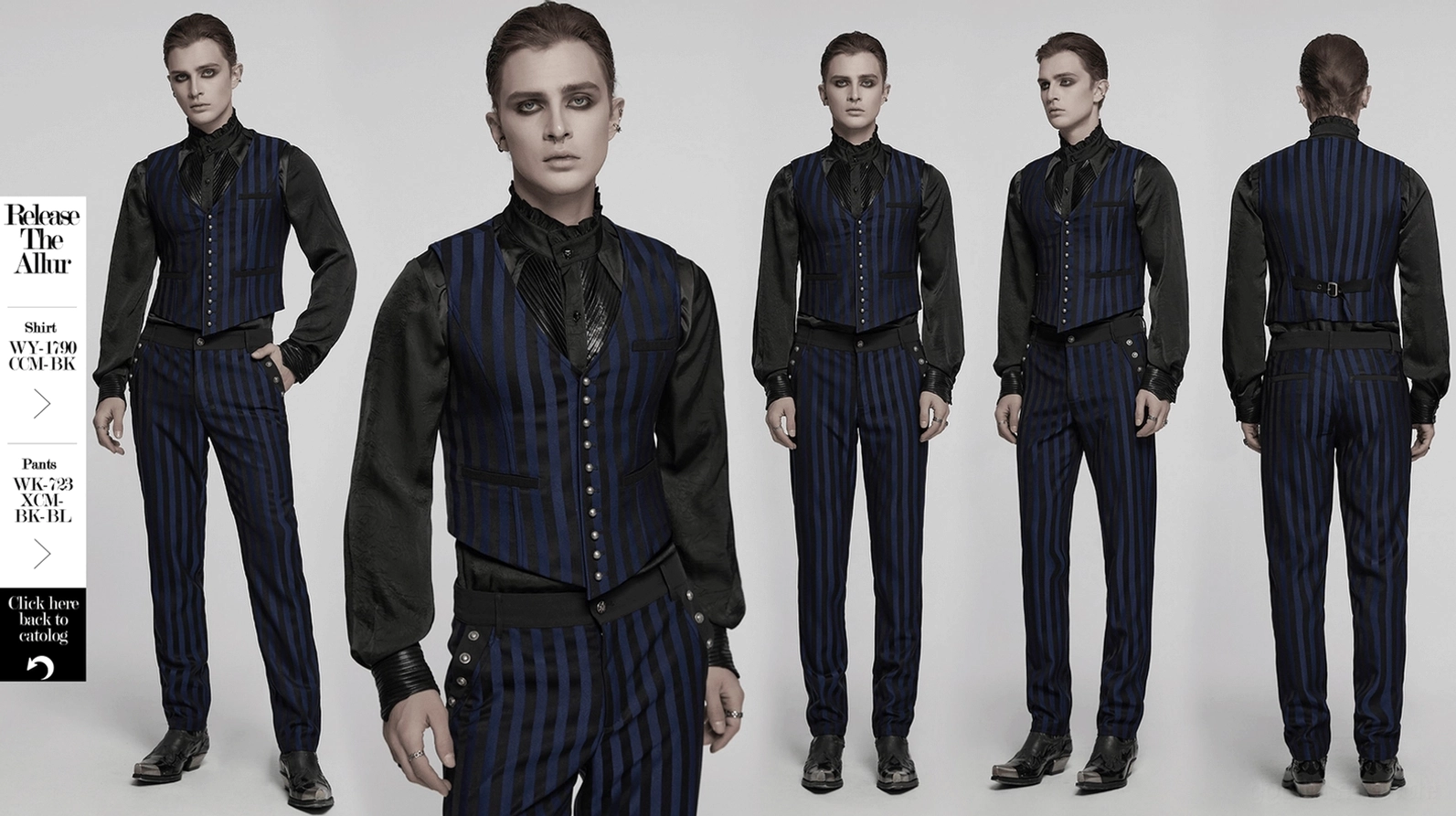 Schwarze Marine-striped gothic Weste Rück-Detail – verstellbarer Taillenschnallengurt und dekorative Schnalle