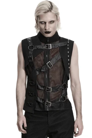Herren schwarze asymmetrische Mesh-Gothic-Weste mit Metallschnallen und Kunstledergurten, Frontansicht Studio mit blondem Gothic-Modell, Industrial-Punk-Ästhetik