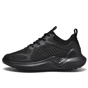 Schwarze minimalistische Mesh Gothic Turnschuhe Seitenansicht Studio – atmungsaktive alternative Freizeitschuhe mit gerippter Oberfläche und strukturierter Gummisohle