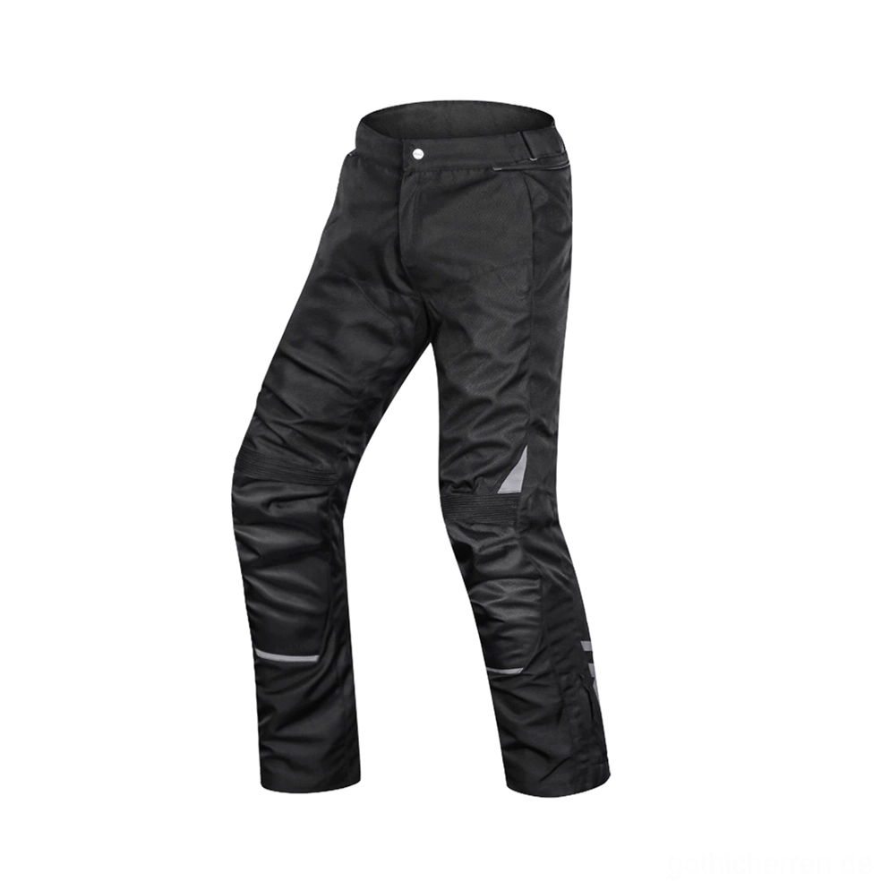 Schwarze Motorrad-Reiterhose linke Seite reflektierbare Streifen verstärkter Sitzbereich taktisch