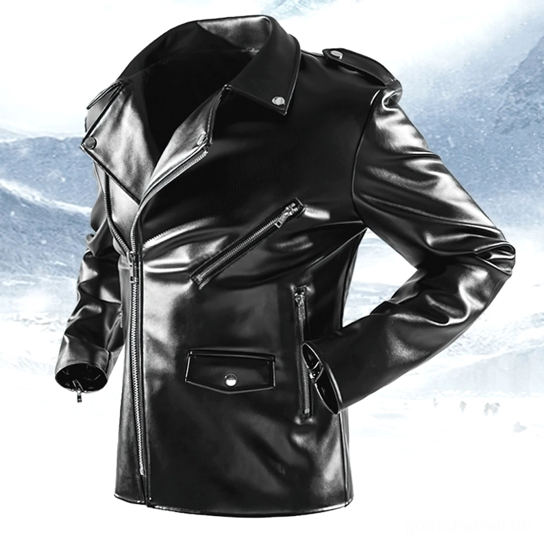 Schwarze Kunstleder-Motorradjacke mit asymmetrischen Taschen-Reißverschlüssen Vorderansicht Schrägansicht Schneekulisse outdoor