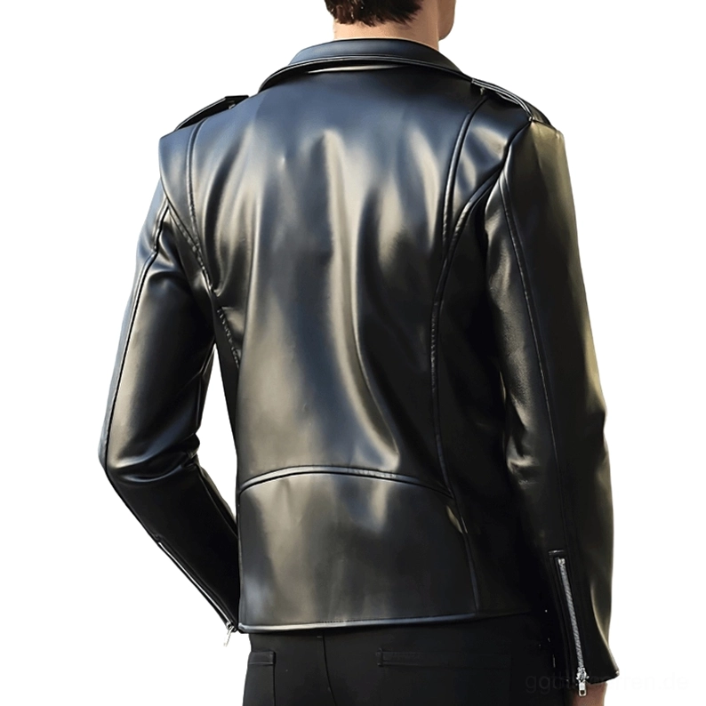 Schwarze Kunstleder-Motorradjacke Rückansicht zeigt Nahtdetails und Ärmel-Reißverschlüsse qualitative Verarbeitung