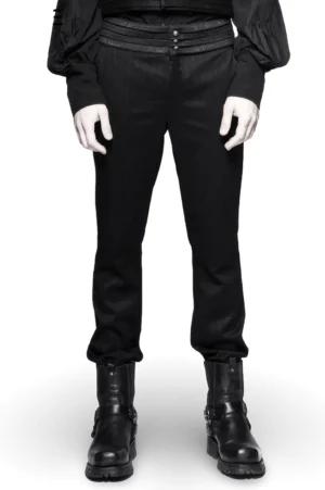Schwarze Nadelstreifen Gothic Röhrenhose mit gestuftem Bund, Vorderansicht am Model, viktorianisches Streifenmuster, schlanker Schnitt