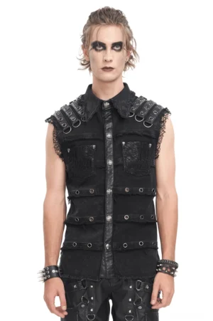 Schwarze Nieten Denim Gothic Weste Herren Frontansicht mit Metallösen und Nieten auf männlichem Model, Industrial Punk Style