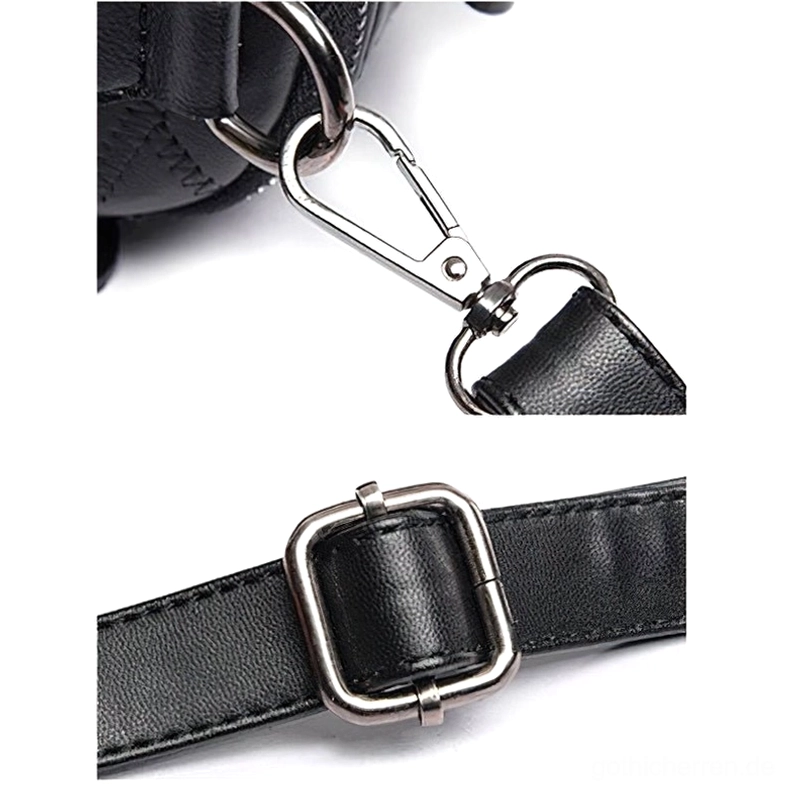 Schwarze Nieten-Messenger Bag Schulterriemen Hardware Makro-Detail, zeigt Metallschnalle, Wirbelhaken-Verbinder und Verstellmechanismus für Crossbody