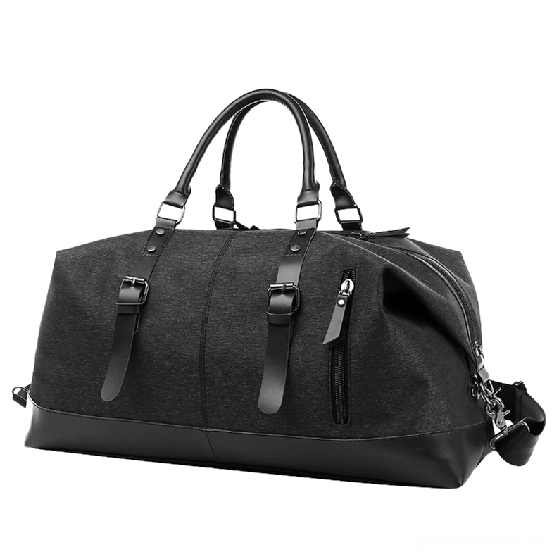 Schwarze Oxford Canvas gothic Duffel Tasche mit schwarzem Lederbesatz und seitlicher Reißverschlusstasche, Vorderansicht mit minimalistischer dunkler Ästhetik für Herren
