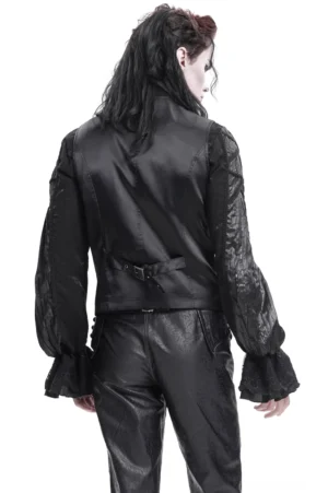 Rückansicht der schwarzen Gothic-Anzugweste mit verstellbarem Taillenriemen mit Quadratschnalle und glänzender Kunstlederhose