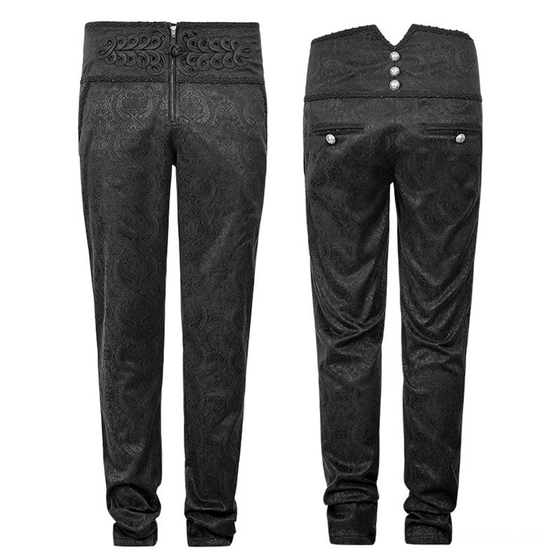 Schwarze Paisley-Jacquard Slim-Fit Hose Flat-Lay Front- und Rückansicht nebeneinander zeigt tapered Slim-Fit Design Details