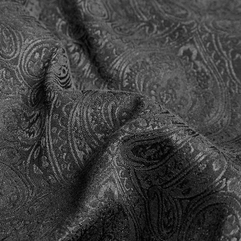 Stoff-Nahaufnahme schwarze Paisley-Jacquard Webung Textur Tönungsvariationen Fadenlauf-Struktur Musterdetail