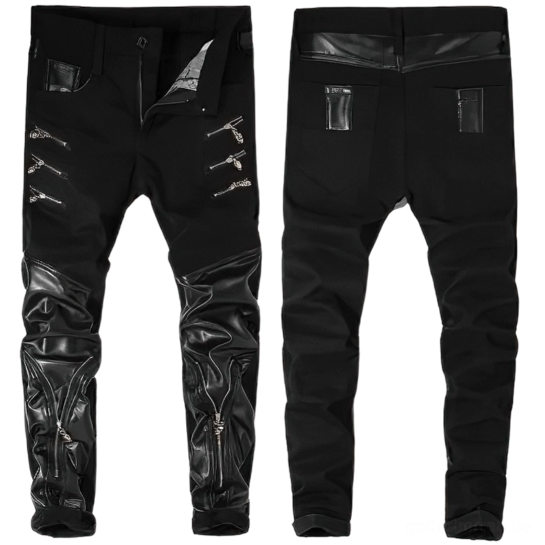 Flache Auslegung schwarzer Patchwork-Gothic-Biker-Trousers – Vorder- und Rückansicht-Dualansicht mit Kunstlederpaneelen und dekorativen Reißverschlüssen für Herren-Lederhose