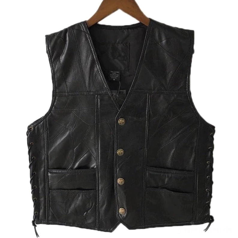Schwarze Patchwork-Leder Gothic Weste Herrenmode Frontansicht mit vergoldeten Metallknöpfen und seitlichen Schnürdetails
