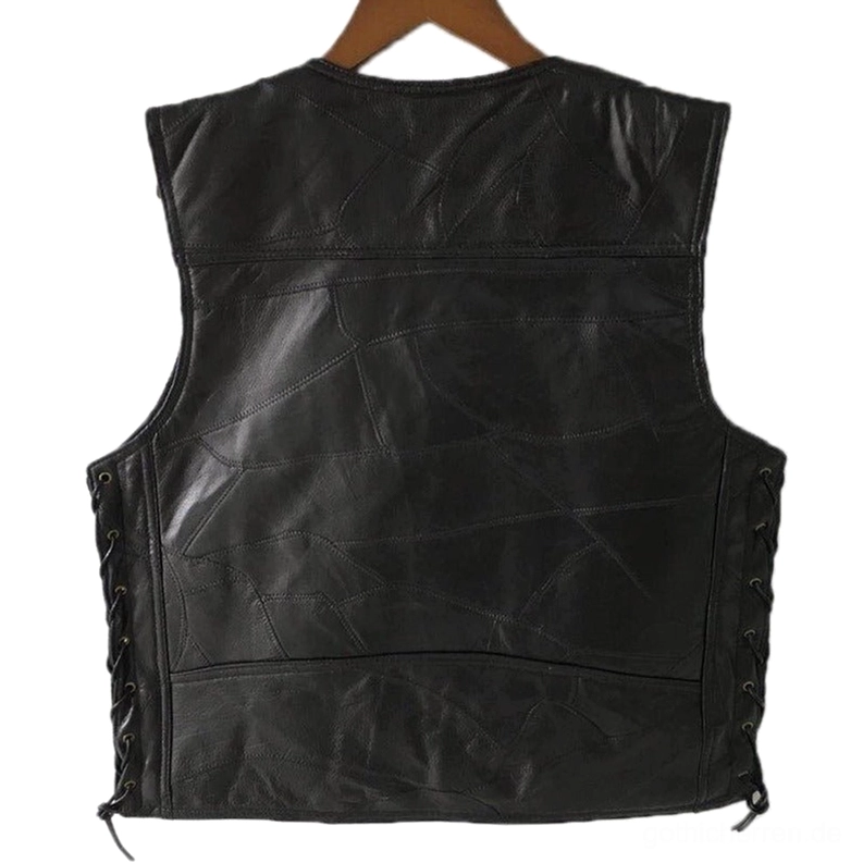 Herren schwarze Patchwork-Leder Gothic Waistcoat Rückansicht mit strukturierten Lederpaneelen und seitlicher Schnürung