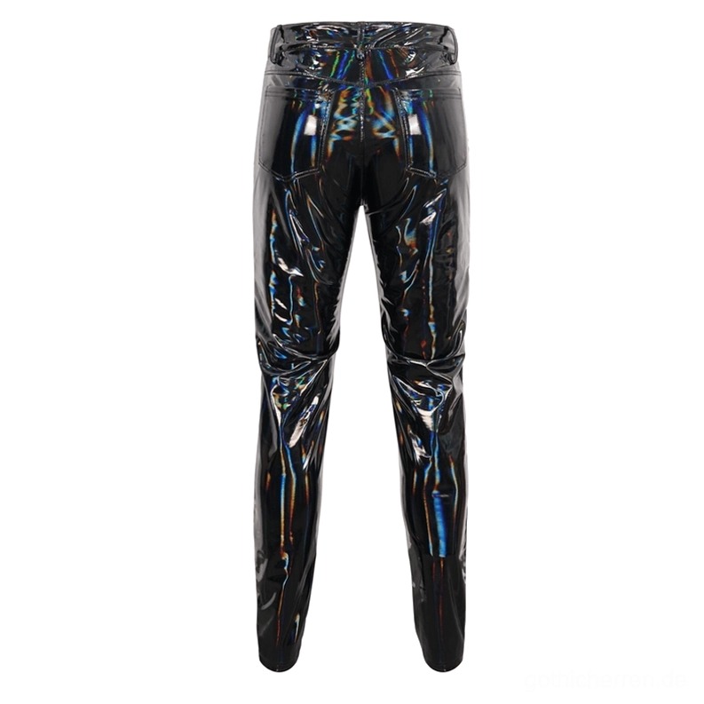 Schwarze Gothic-Lederhose Patent-Material Flat Lay Rückansicht – Slim-Fit Punk-Trousers Rückenpanel mit Taschen und Kettenakzenten